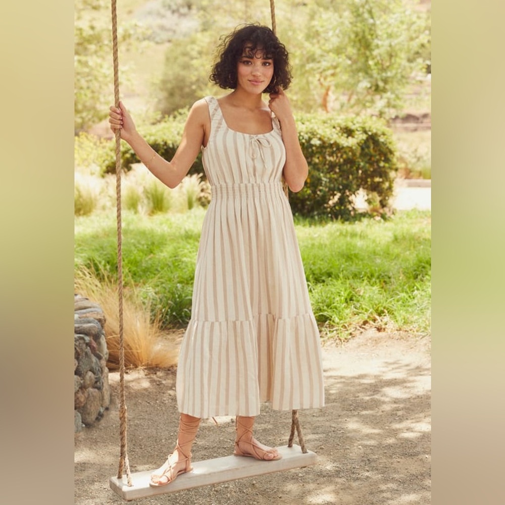 Beautiful Breezes Ivory Striped Linen Tiered Midi Dress